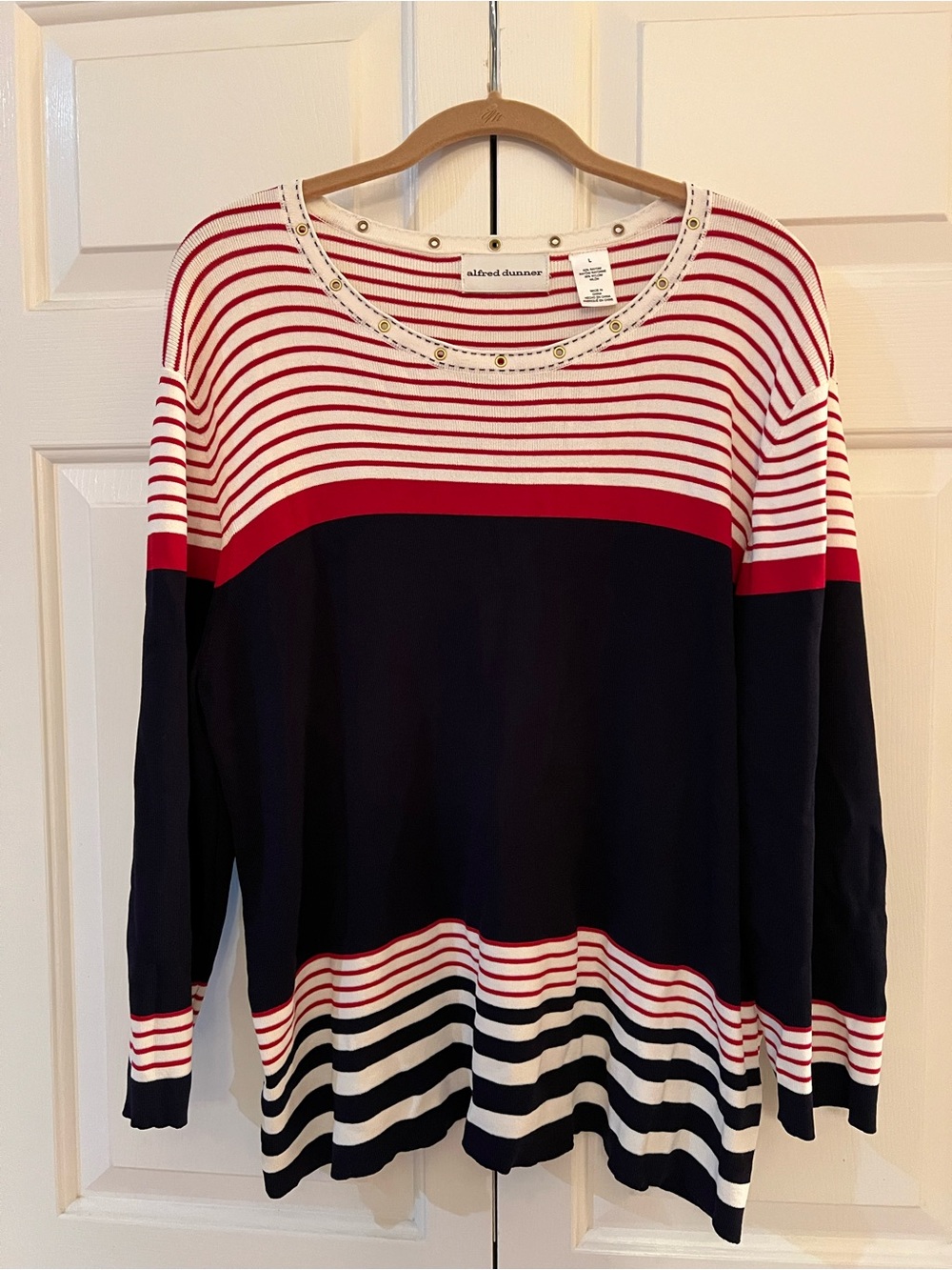 Alfred Dunner Navy, Red & White Striped Long Sleeve Knit Top Size L
